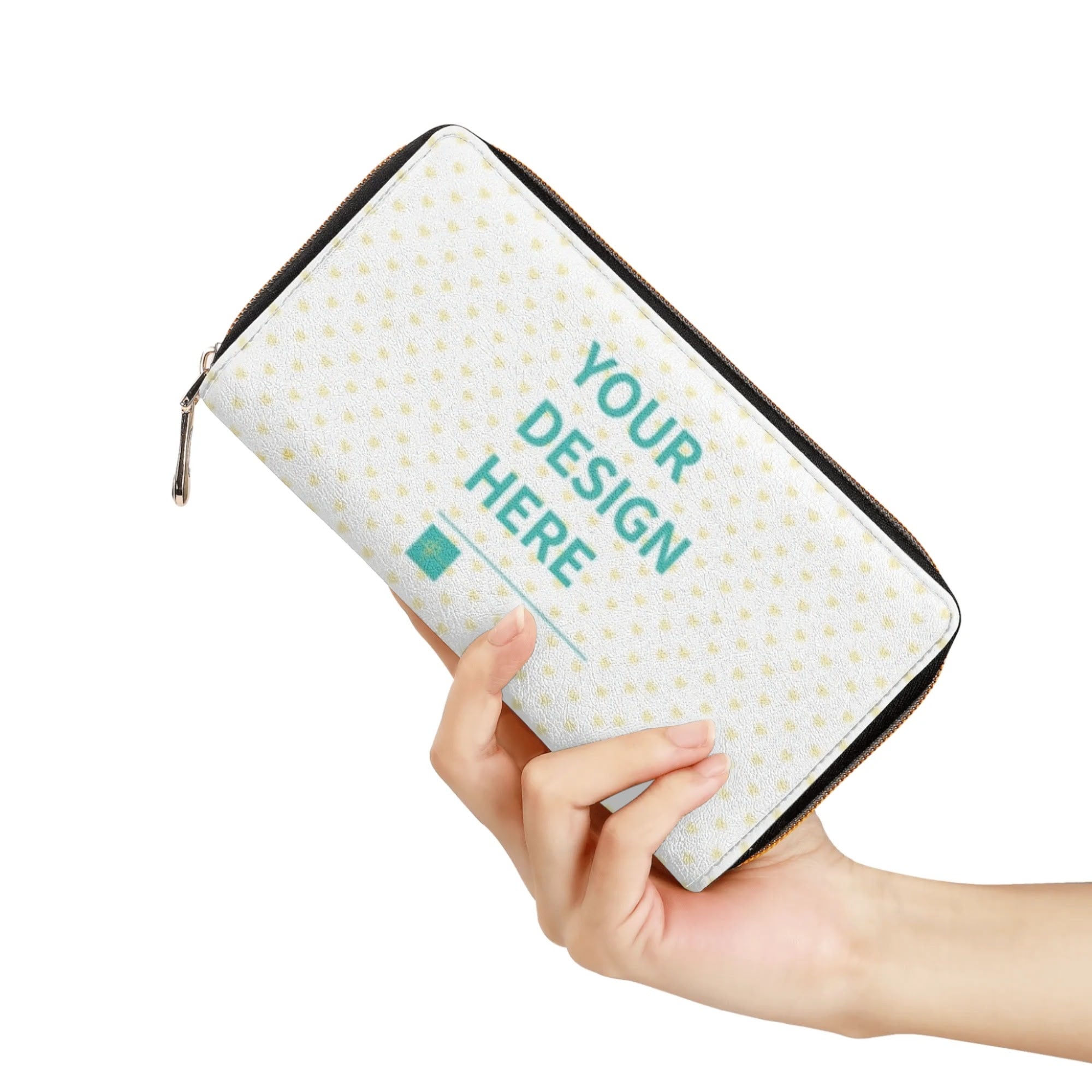 Customizable long wallet with 'YOUR DESIGN HERE' text, PU leather, zipper closure, perfect for gifts