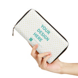 Customizable long wallet with 'YOUR DESIGN HERE' text, PU leather, zipper closure, perfect for gifts