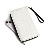 White PU leather wristlet wallet with yellow heart pattern, featuring zip closure and wrist strap