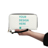 Custom PU leather wristlet wallet with your design, white with yellow hearts, zip closure, for women