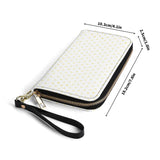 White PU leather wristlet wallet with heart pattern, zip closure, wrist strap, for women. Wallet dimensions: 19.2cm x 10.3cm
