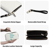 Custom PU leather wristlet wallet featuring heart pattern, metal zipper, removable strap, and large capacity