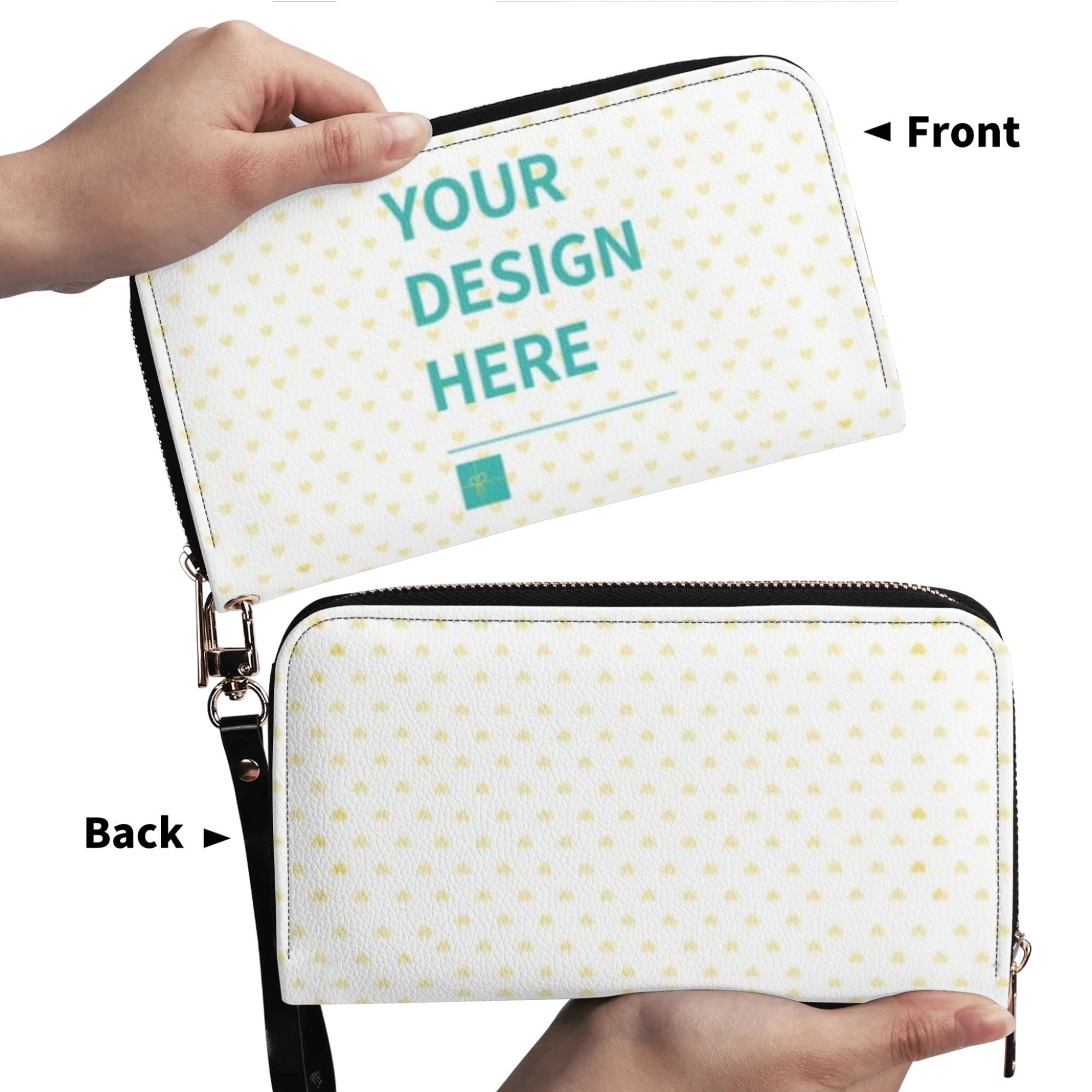 Customizable PU leather wristlet wallet, white with yellow heart design, zip closure, for women