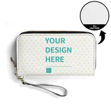 Customizable white PU leather wristlet wallet, 'Your Design Here' with heart pattern, zip closure, ideal for women.