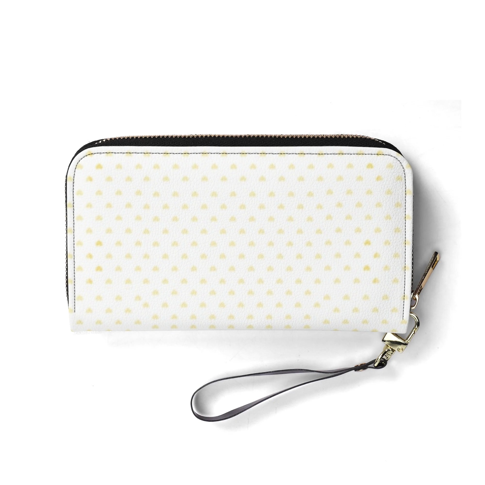 White PU leather wristlet wallet with yellow heart pattern, zip closure, for women