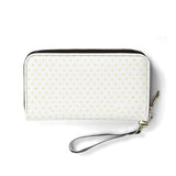 White PU leather wristlet wallet with yellow heart pattern, zip closure, for women