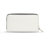 White PU leather wristlet wallet with yellow heart pattern, zip closure, for women