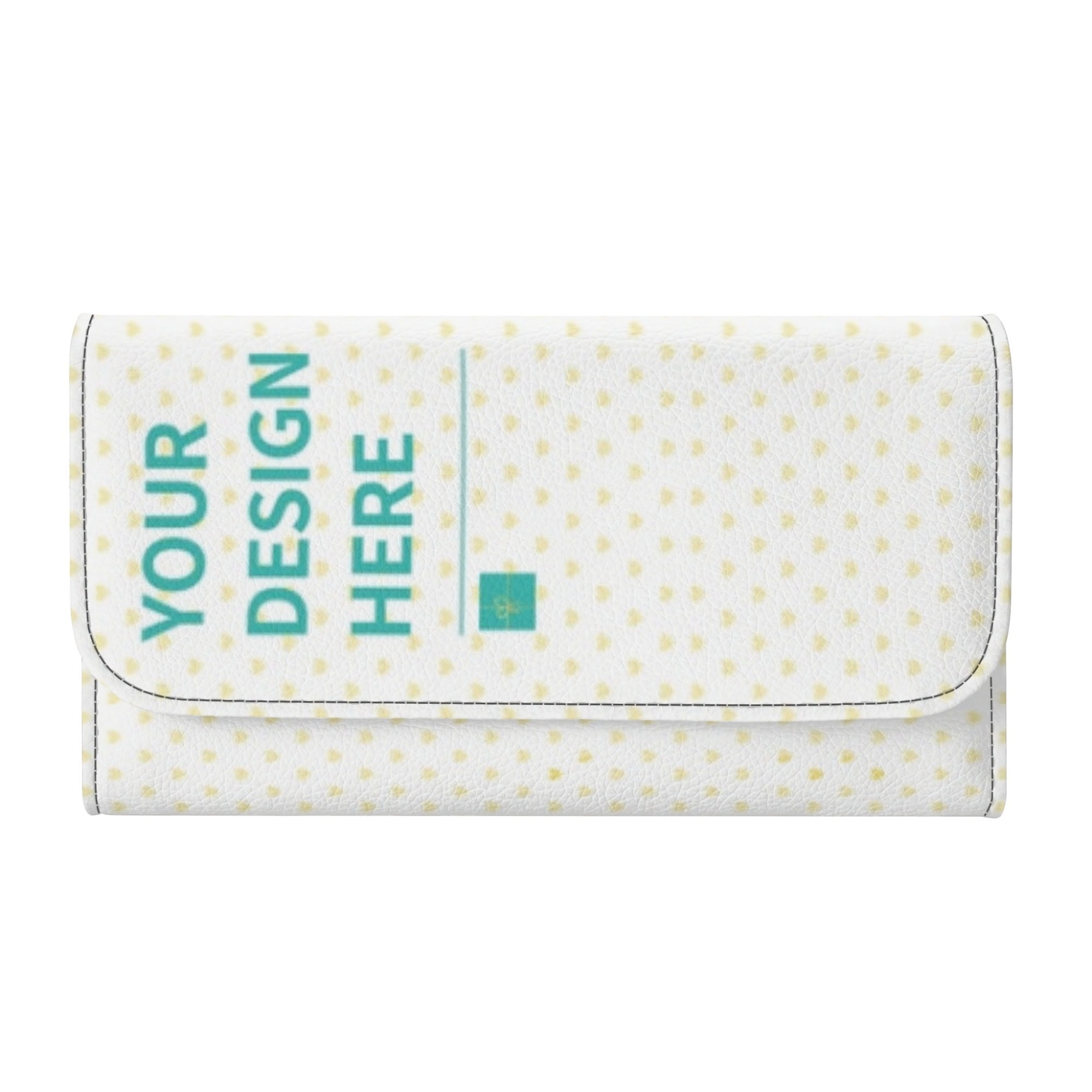 Customizable white trifold wallet with "YOUR DESIGN HERE" text, PU leather, perfect birthday gift for men