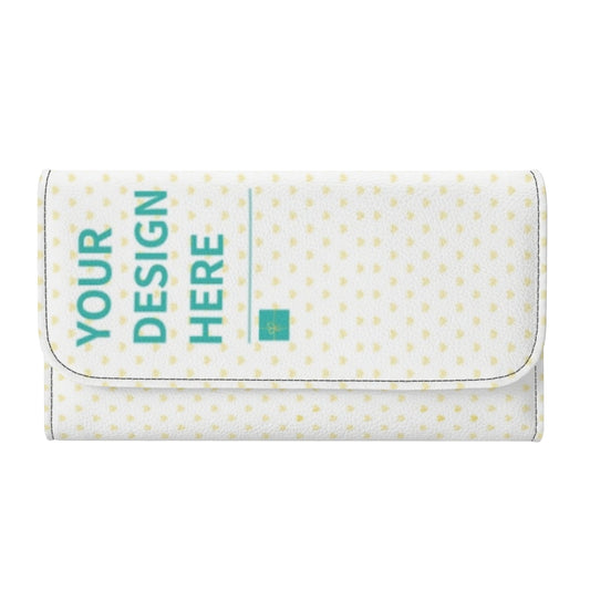 Customizable white trifold wallet with "YOUR DESIGN HERE" text, PU leather, perfect birthday gift for men