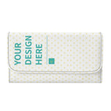 Customizable white trifold wallet with "YOUR DESIGN HERE" text, PU leather, perfect birthday gift for men