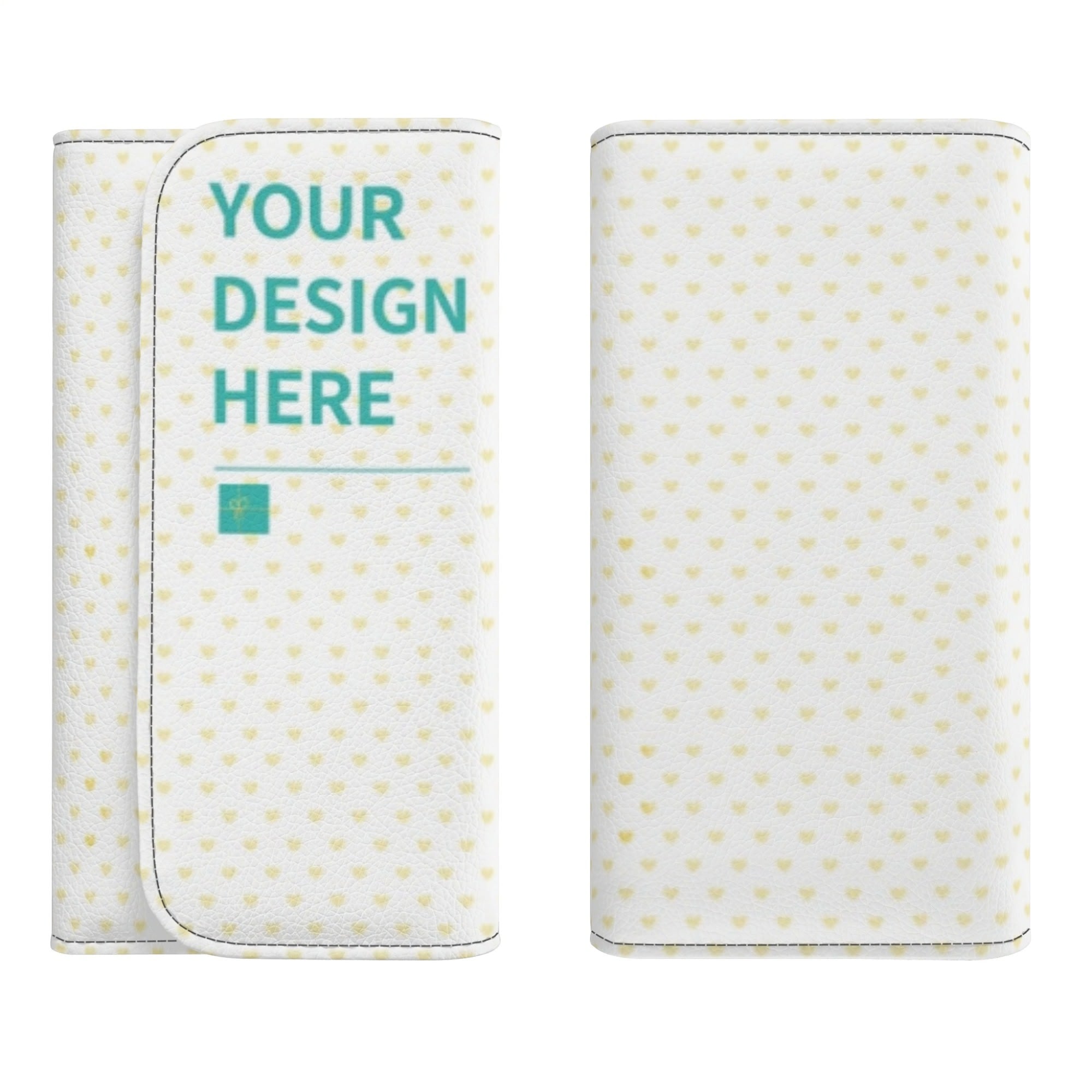 Customizable white PU leather trifold wallet with yellow heart pattern, featuring 'YOUR DESIGN HERE' text, perfect gift.