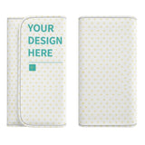 Customizable white PU leather trifold wallet with yellow heart pattern, featuring 'YOUR DESIGN HERE' text, perfect gift.