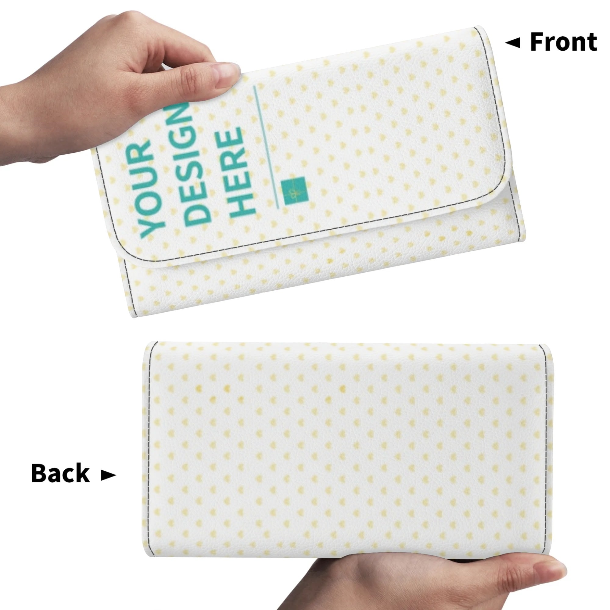 Customizable PU leather trifold wallet, white with yellow heart pattern, "YOUR DESIGN HERE" text, personalized gift for men