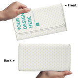 Customizable PU leather trifold wallet, white with yellow heart pattern, "YOUR DESIGN HERE" text, personalized gift for men