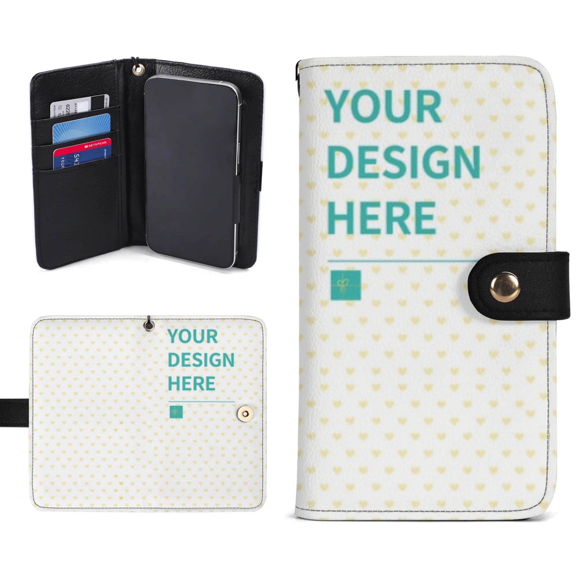 Customizable PU leather flip phone case wallet with 'YOUR DESIGN HERE' text, features card slots and kickstand