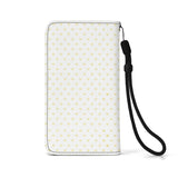 PU leather flip phone case wallet with heart pattern, featuring card slots and wrist strap
