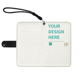 Custom PU leather flip phone case wallet with heart pattern and custom text, features card slots and wrist strap