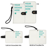 Customizable PU leather flip phone case wallet, YOUR DESIGN HERE, S & M sizes, wrist strap.