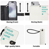 Customizable PU leather phone case wallet with YOUR DESIGN HERE text, features wrist strap, available in S & M sizes