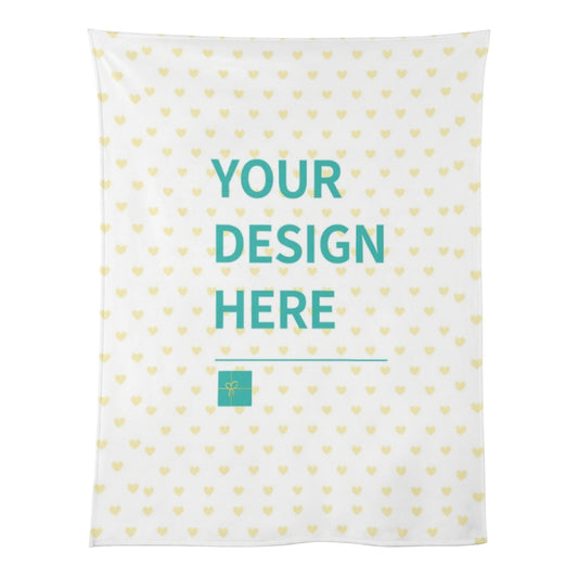 Personalized soft baby blanket with custom design area, white with yellow hearts, for boys and girls