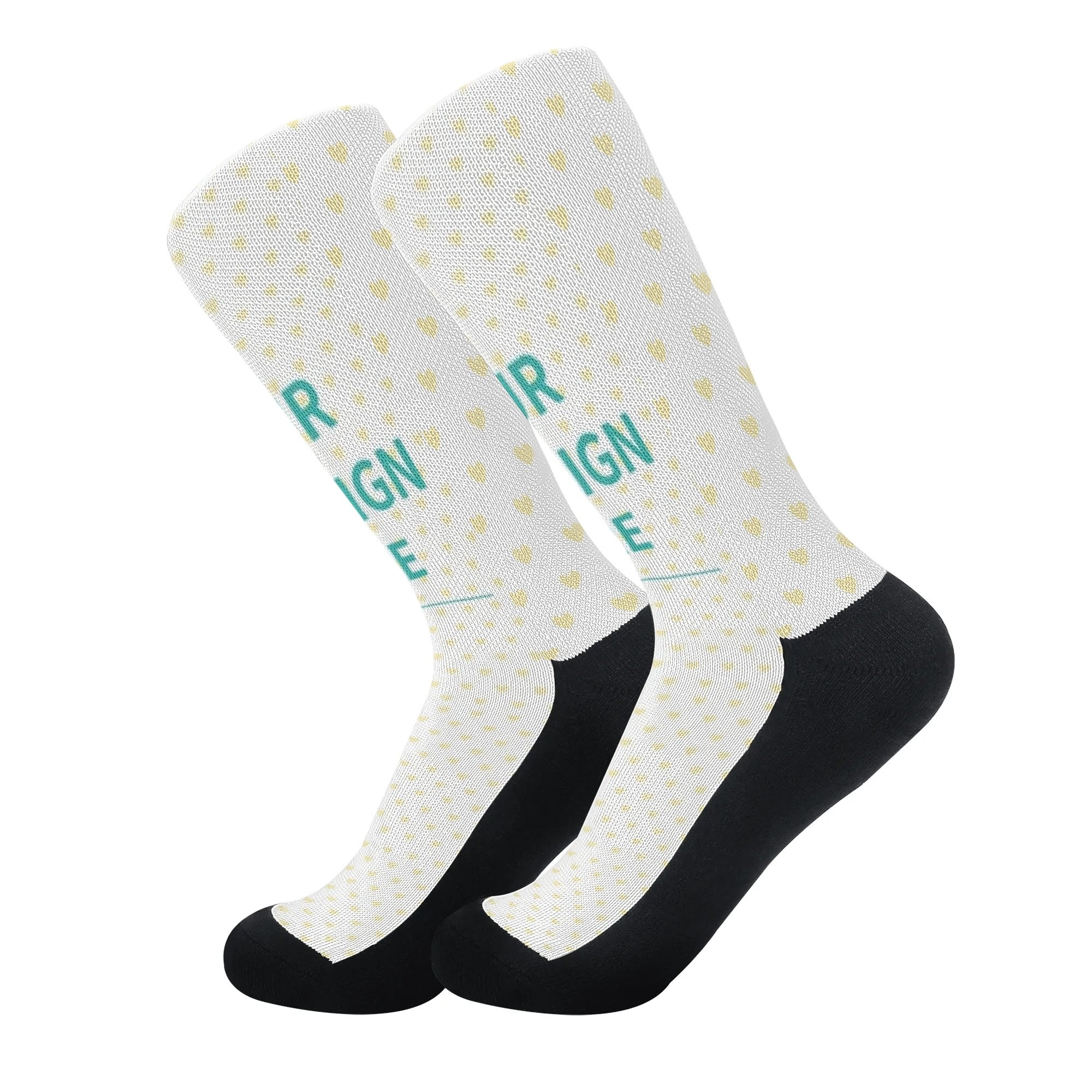 Custom socks with photos, personalized white socks with yellow hearts and black accents, and "R IGN E" in green.