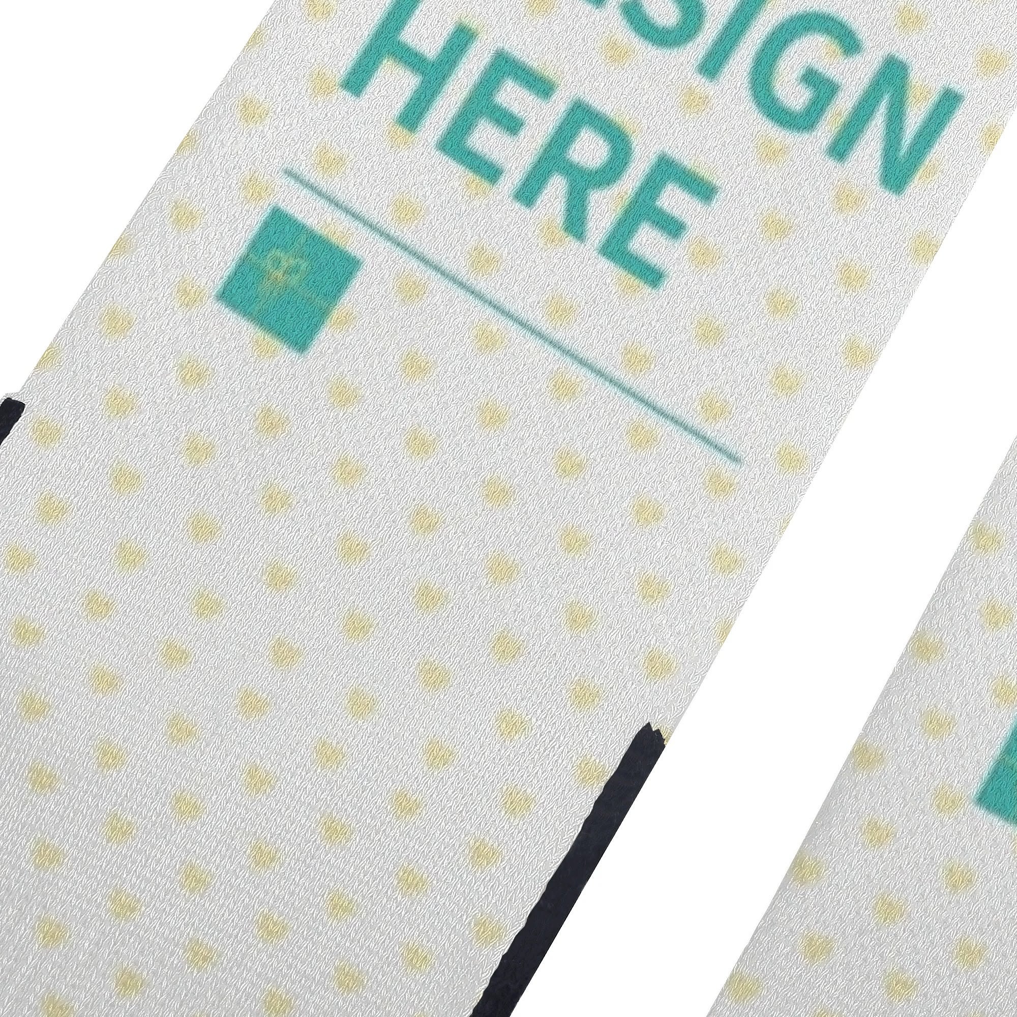 Custom socks detail with "DESIGN HERE" text. Personalized, polyester/cotton blend socks with yellow heart pattern.