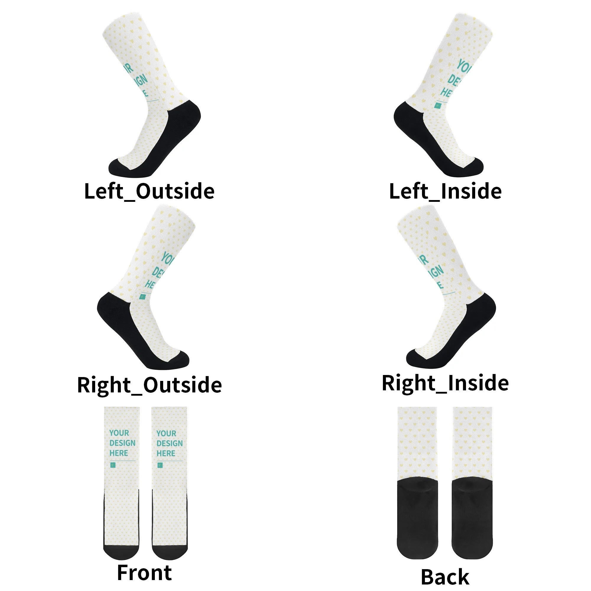 Customizable crew socks with "YOUR DESIGN HERE" text, yellow hearts and black accents. Personalized gifts