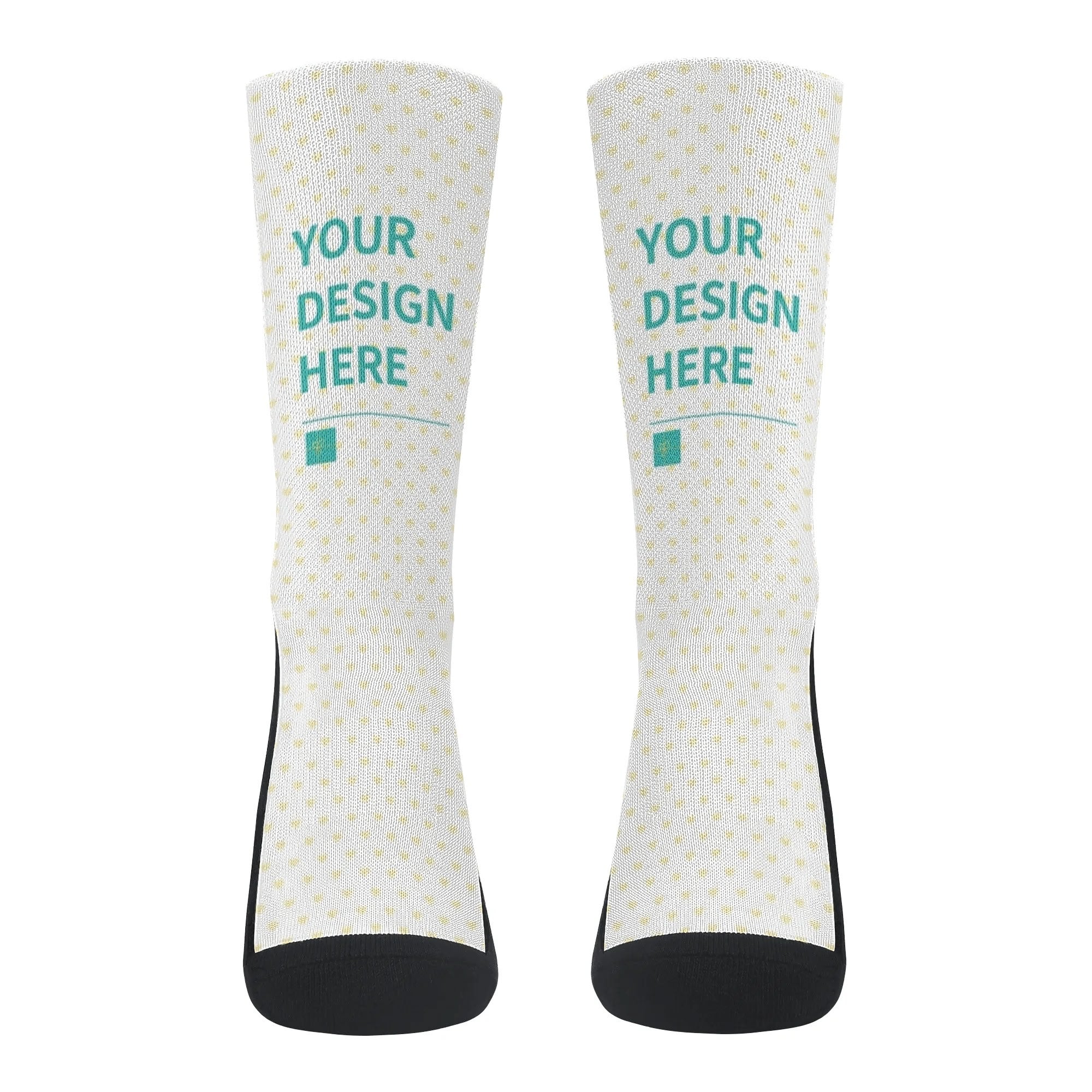 Customizable socks with "YOUR DESIGN HERE" text, perfect for personalized gifts. Polyester/Cotton blend socks.