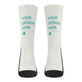 Customizable socks with "YOUR DESIGN HERE" text, perfect for personalized gifts. Polyester/Cotton blend socks.