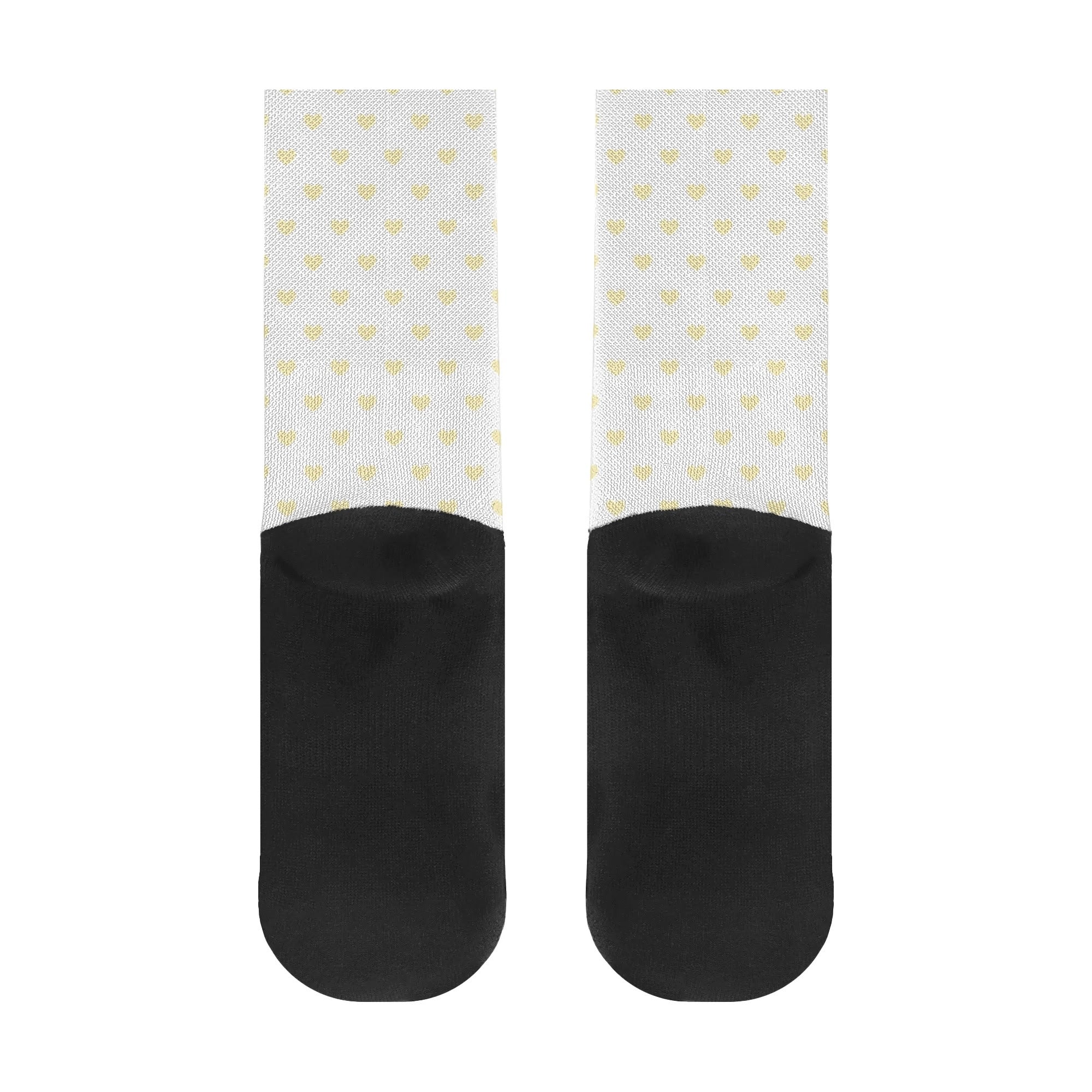 Customizable crew socks with yellow heart pattern and black accents, perfect for personalized gifts.