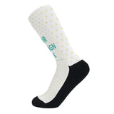 Custom crew socks with your design in white, yellow hearts, black accents, and "YOUR DESIGN HERE" text.