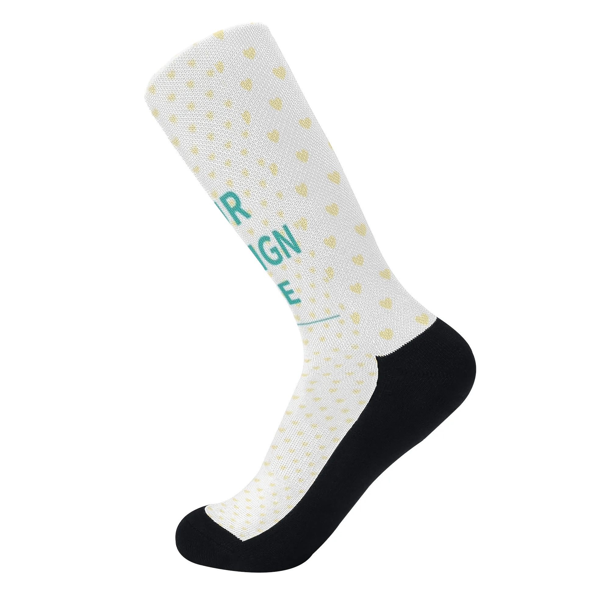 Customizable crew socks with your design, yellow hearts and black accents. Personalized gifts.