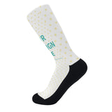Customizable crew socks with your design, yellow hearts and black accents. Personalized gifts.