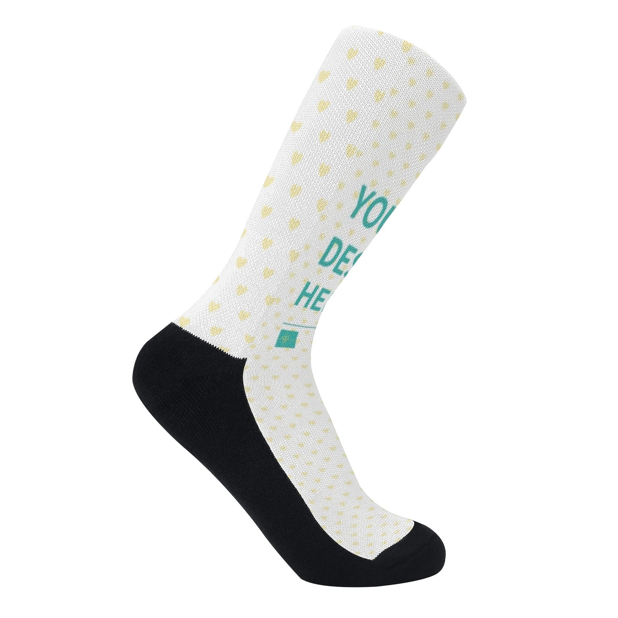 Custom crew sock with "YOUR DESIGN HERE", yellow hearts, and black accents, perfect for gifts.