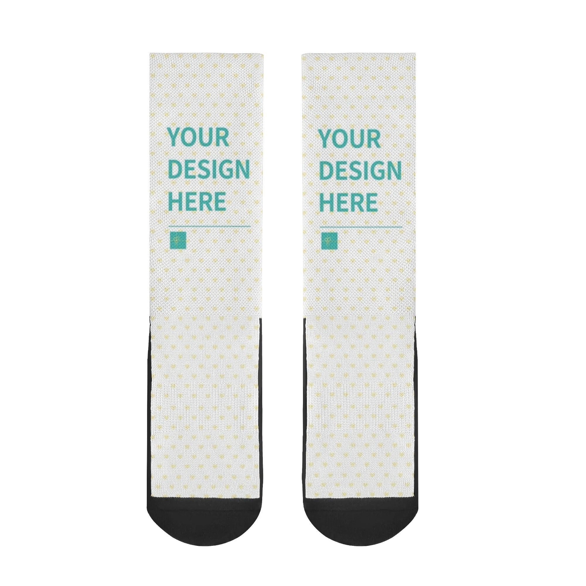 Customizable crew socks with "YOUR DESIGN HERE" text, perfect for personalized gifts.