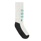 Customizable crew socks with YOUR DESIGN HERE text, yellow hearts and black accents, perfect for gifts