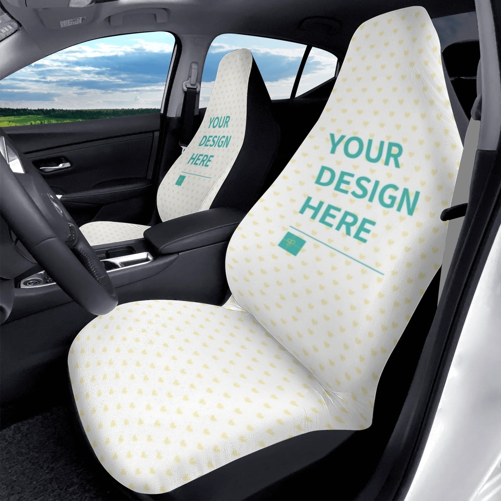 Personalized car seat covers with 'YOUR DESIGN HERE' text, polyester fabric, custom car interior decor