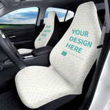 Personalized car seat covers with 'YOUR DESIGN HERE' text, polyester fabric, custom car interior decor