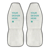 Personalized car seat covers, white fabric with yellow heart pattern, featuring 'YOUR DESIGN HERE'