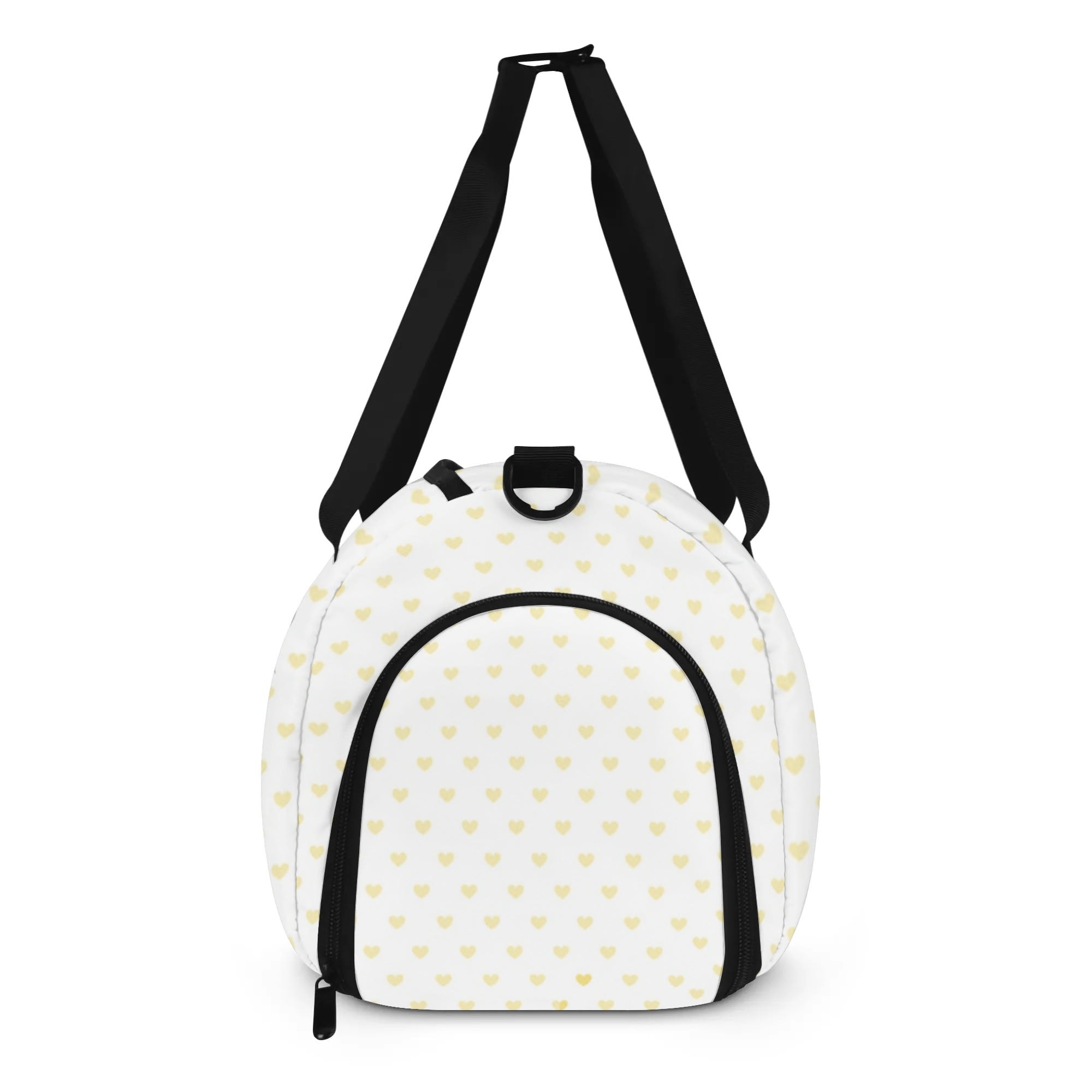 Personalized sports gym bag with yellow heart pattern and black straps. Travel luggage or tote bag.