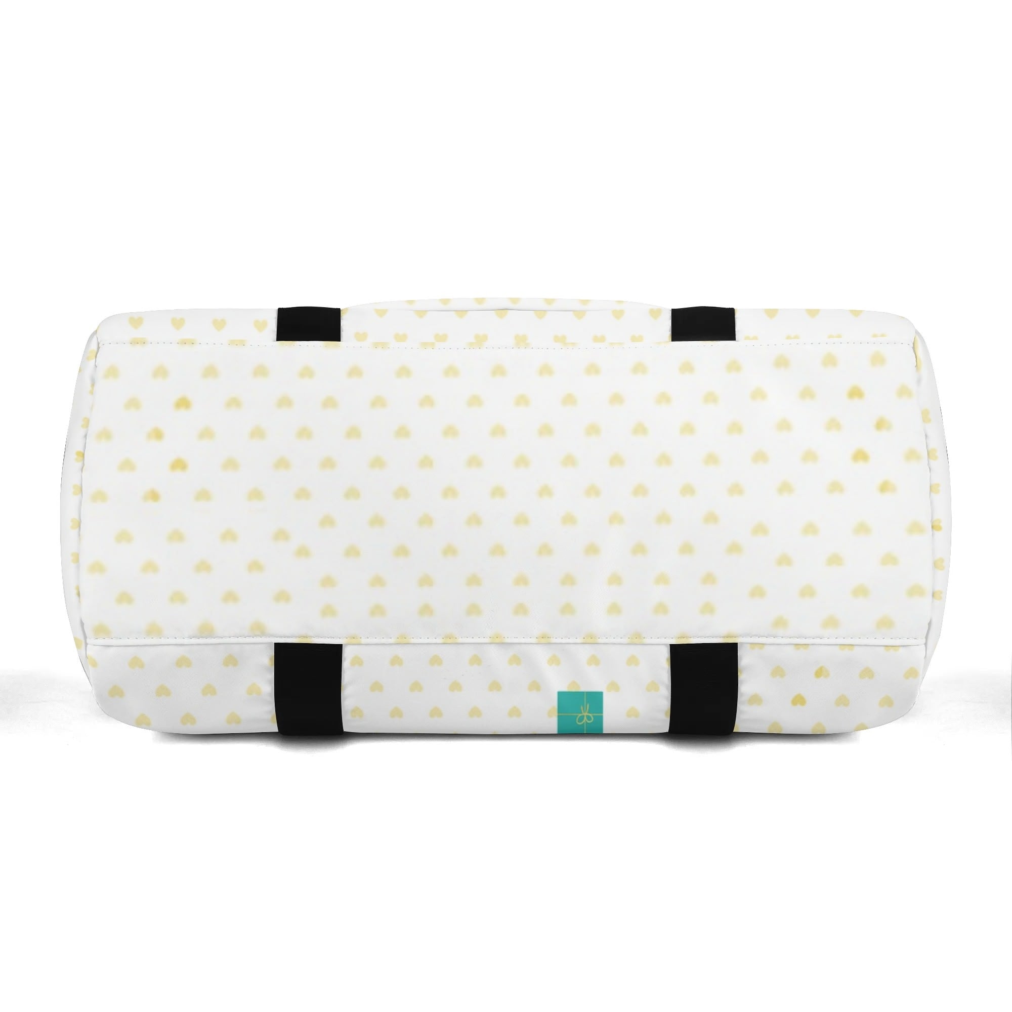 White personalized duffle bag with yellow heart pattern and black straps; perfect for travel or gym.
