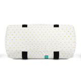 White personalized duffle bag with yellow heart pattern and black straps; perfect for travel or gym.
