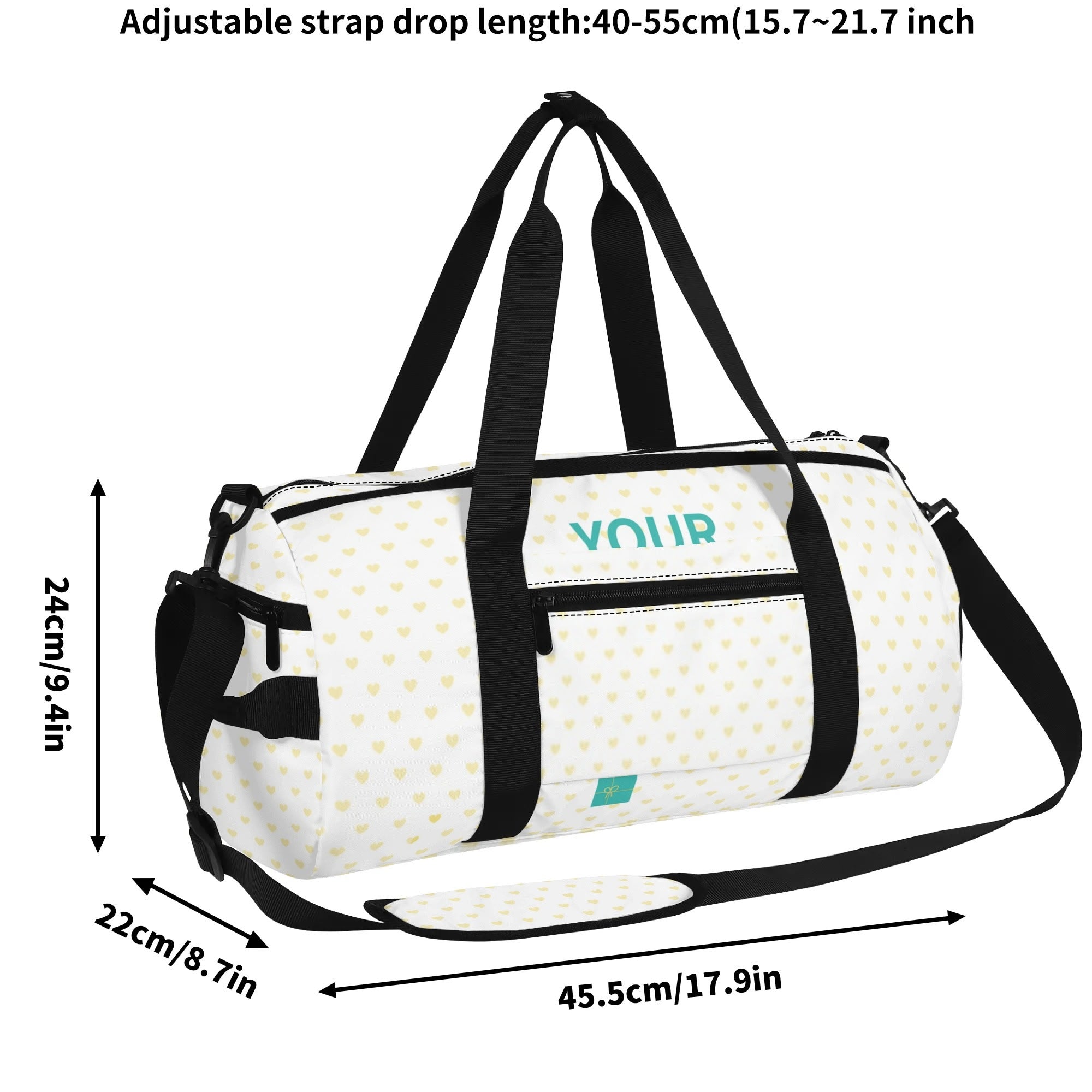 Personalized gym bag with heart pattern, black straps, and adjustable shoulder strap. Travel luggage or tote bag.