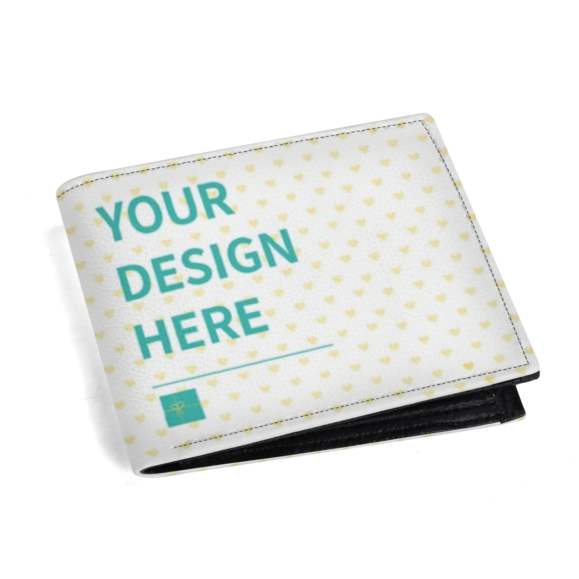 Personalized PU Leather Wallet for Men - Customizable design, heart pattern, and text reading 'YOUR DESIGN HERE'.