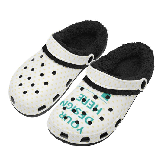 Personalized Winter Clogs. White clogs with black fleece lining and custom design, perfect for comfort and style.