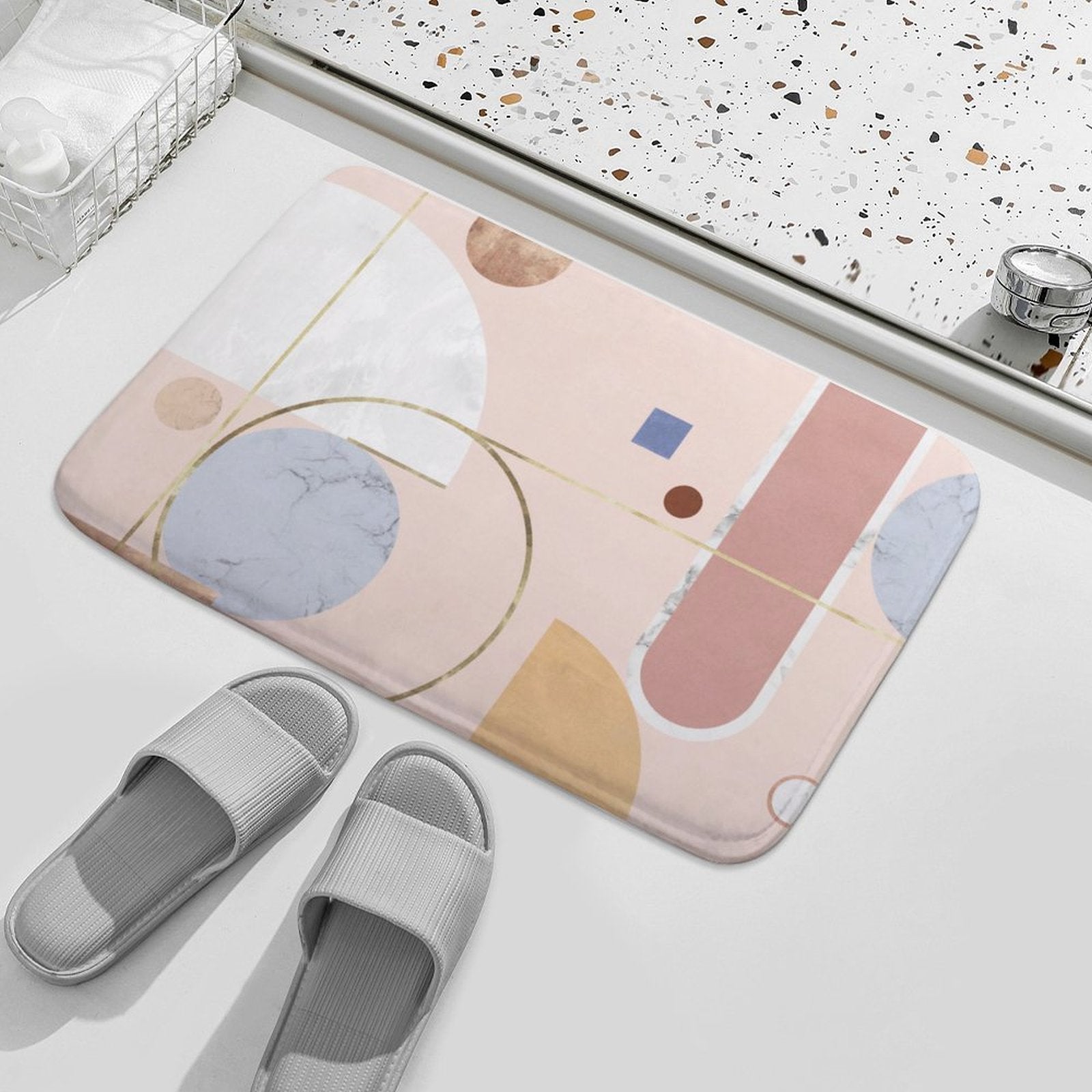 Coral velvet bath rug with abstract geometric design, non-slip and absorbent, ideal for bathroom decor