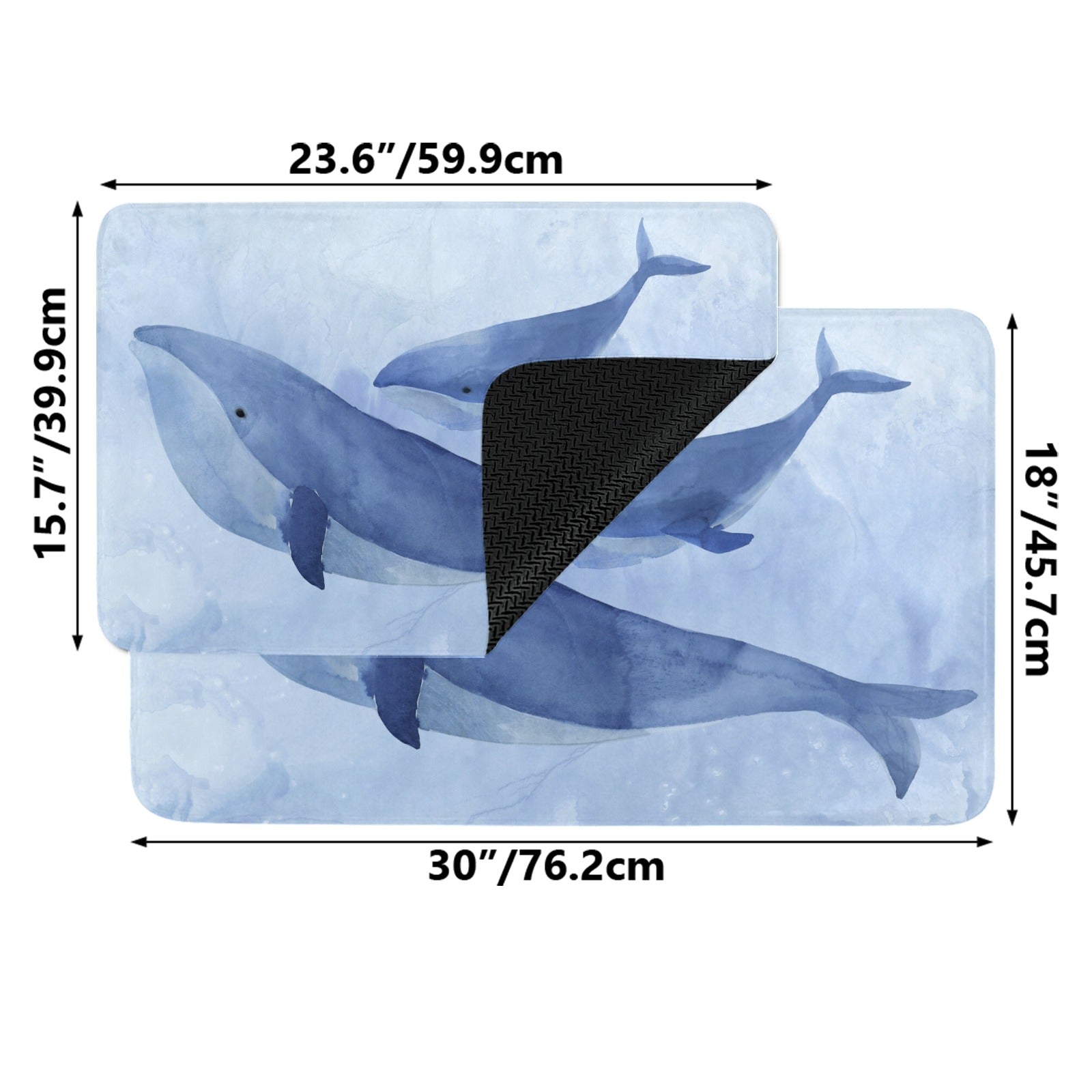 Blue Whale II doormat set, watercolor whale design, indoor/outdoor rubber mats, dimensions shown.