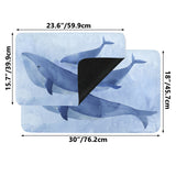 Blue Whale II doormat set, watercolor whale design, indoor/outdoor rubber mats, dimensions shown.