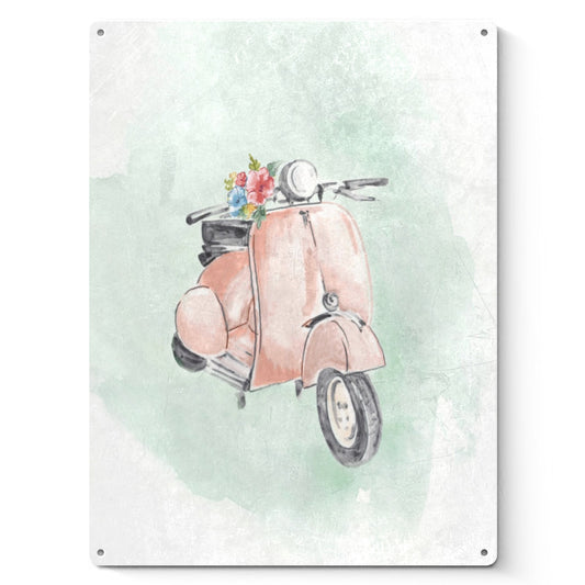 Personalized Metal Sign featuring a pink scooter with flowers.