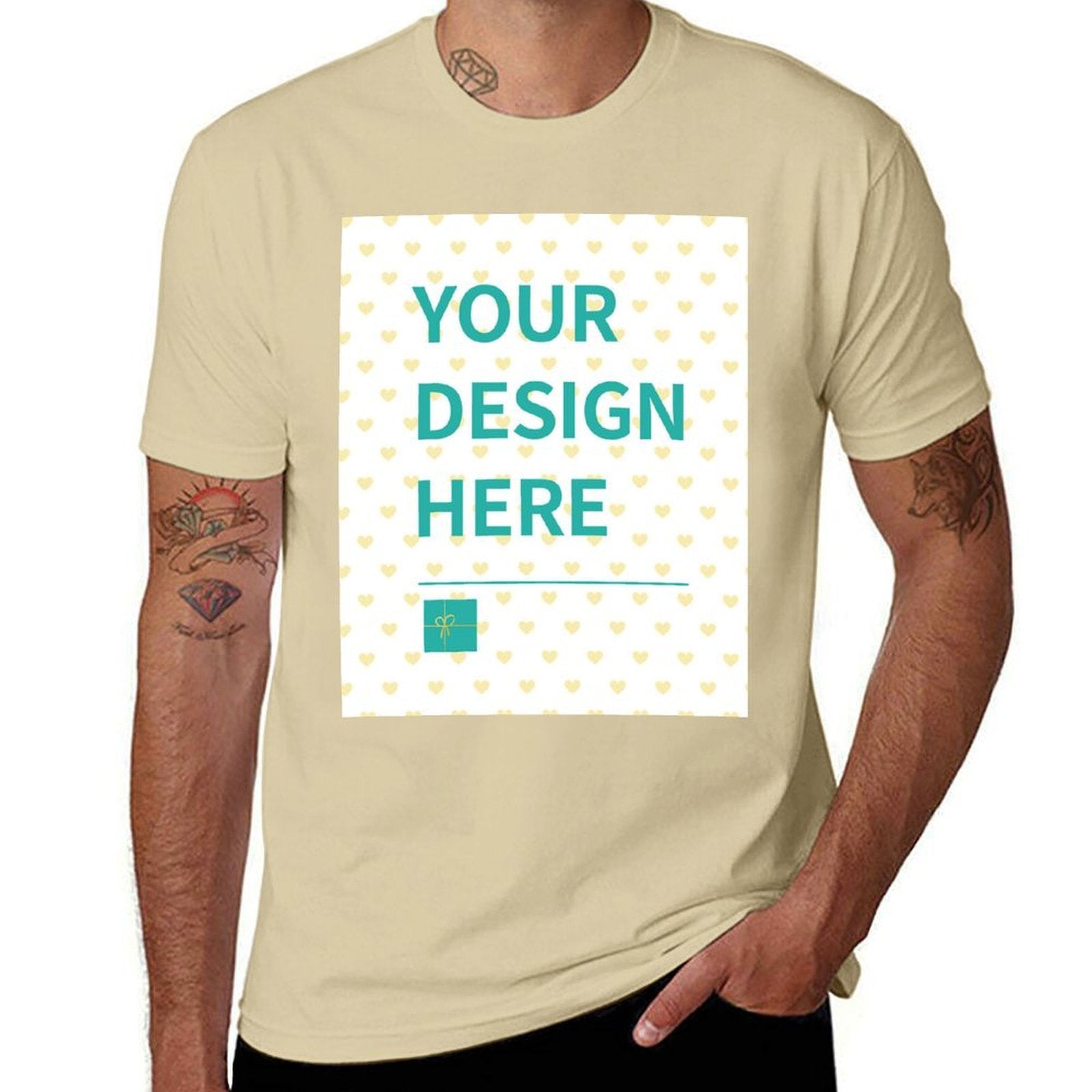 Customizable sand cotton short sleeve t-shirt with YOUR DESIGN HERE design, MyArtsyGift.com